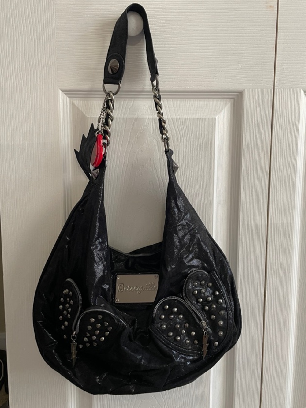 Betseyville Black Studded Shoulder Hobo with Lightning Charm & Red Heart Y2K